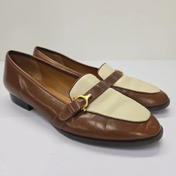Etienne Aigner Tracy Brown Cream Leather Loafers Gold Bit Size 9.5M Brazil - Picture 1 of 6